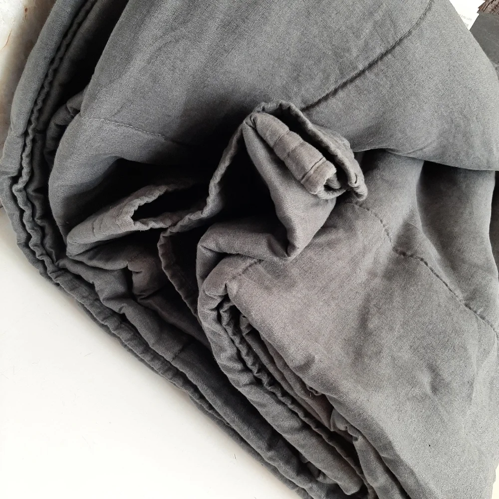 West Elm European Flax Linen Box Stitch Quilt Iron Blue